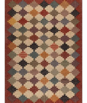 Handmade Southwestern Wool Jute Kilim Area Rug with Stepped Diamond Grid Pattern | Tribal Flatweave Boho Rug for Living Room