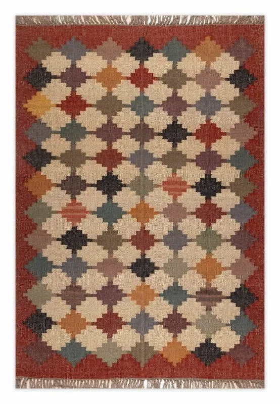 Handmade Southwestern Wool Jute Kilim Area Rug with Stepped Diamond Grid Pattern | Tribal Flatweave Boho Rug for Living Room