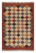 Handmade Southwestern Wool Jute Kilim Area Rug with Stepped Diamond Grid Pattern | Tribal Flatweave Boho Rug for Living Room