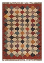 Handmade Southwestern Wool Jute Kilim Area Rug with Stepped Diamond Grid Pattern | Tribal Flatweave Boho Rug for Living Room