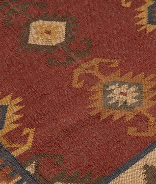 Handwoven Southwestern Wool Jute Kilim Area Rug – Rust Red Tribal Medallion Flatweave Dhurrie Carpet for Living Room, Bedroom & Dining Room