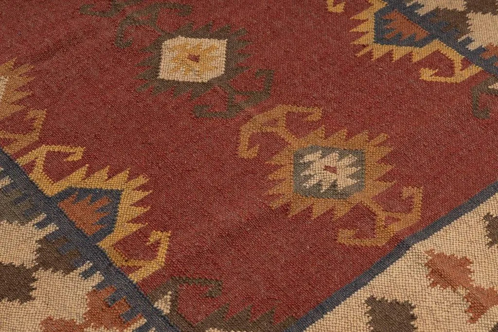 Handwoven Southwestern Wool Jute Kilim Area Rug – Rust Red Tribal Medallion Flatweave Dhurrie Carpet for Living Room, Bedroom & Dining Room