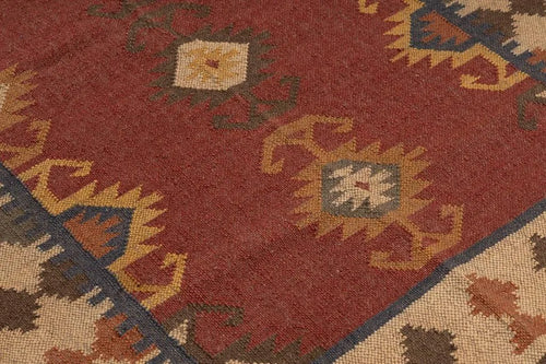 Handwoven Southwestern Wool Jute Kilim Area Rug – Rust Red Tribal Medallion Flatweave Dhurrie Carpet for Living Room, Bedroom & Dining Room