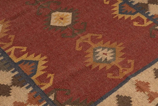 Handwoven Southwestern Wool Jute Kilim Area Rug – Rust Red Tribal Medallion Flatweave Dhurrie Carpet for Living Room, Bedroom & Dining Room