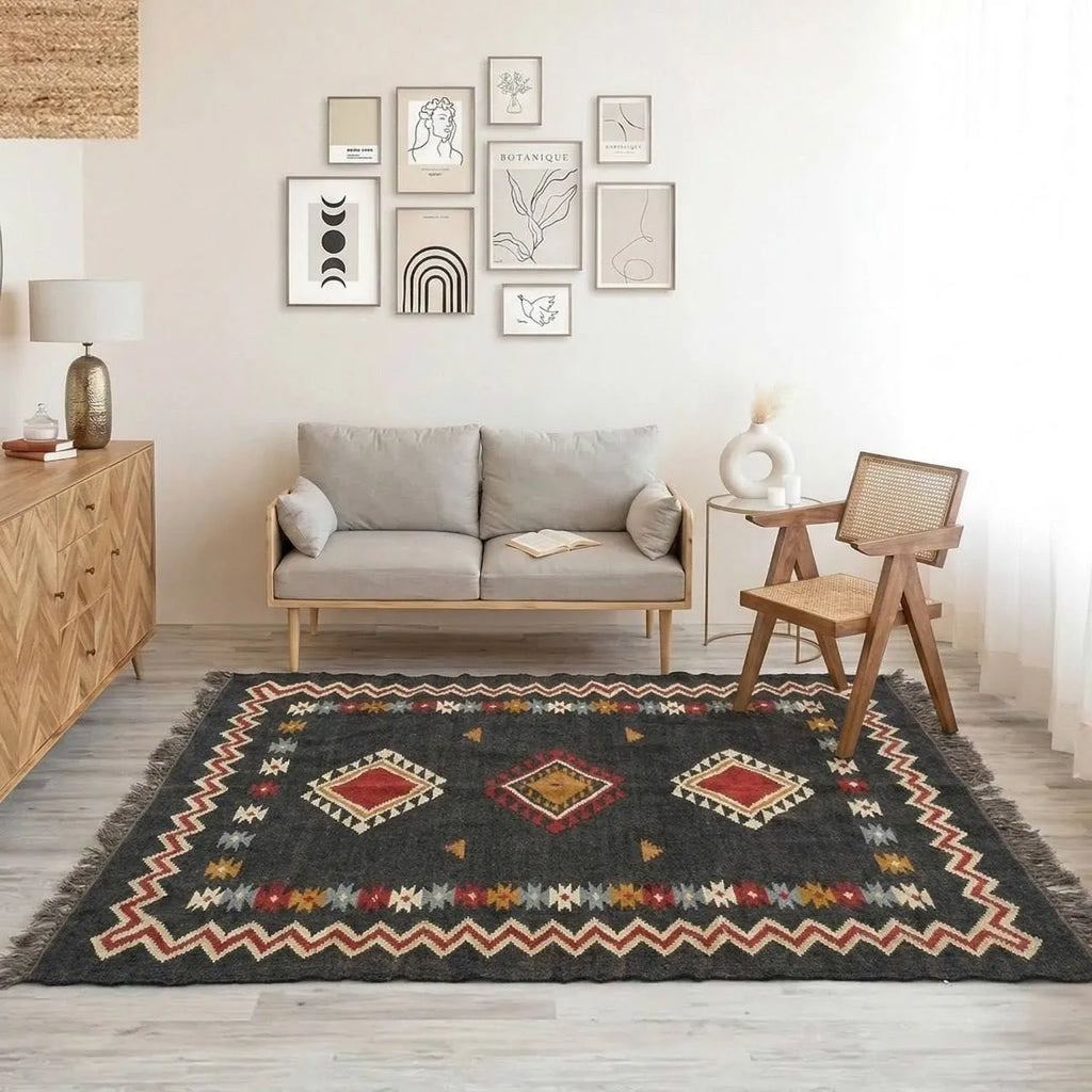 Handmade Southwestern Wool Jute Kilim Area Rug with Tassels | Black Tribal Boho Flatweave Rug for Living Room & Bedroom