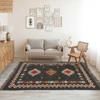 Handmade Southwestern Wool Jute Kilim Area Rug with Tassels | Black Tribal Boho Flatweave Rug for Living Room & Bedroom