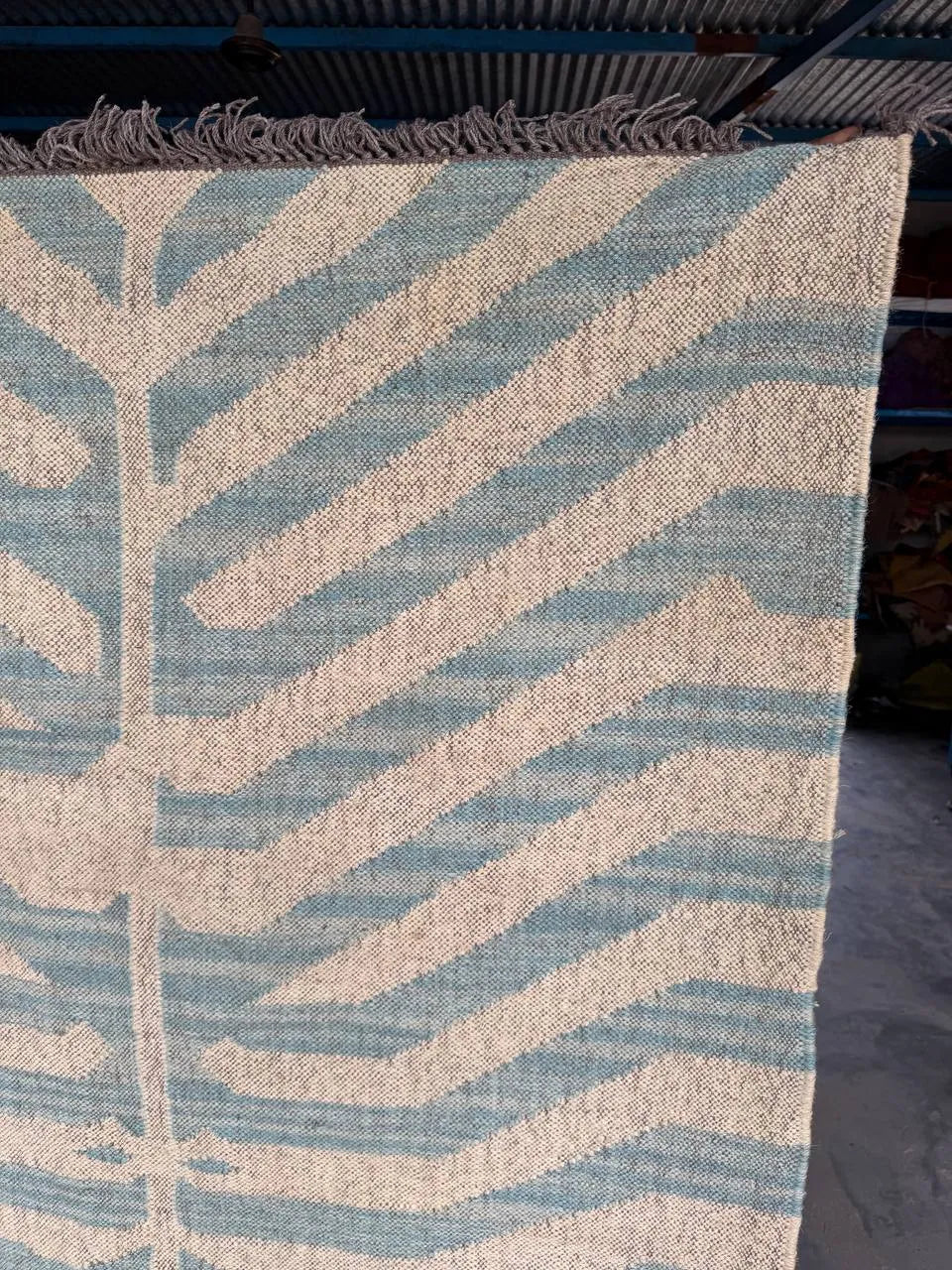 Handwoven Blue Tiger Wool Jute Kilim Rug | Abstract Tibetan Tiger Flatweave Area Rug for Modern, Scandinavian & Boho Homes