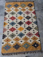 Handwoven Multicolor Wool Jute Kilim Rug, Boho Tribal Area Rug, Handmade Flatweave Dhurrie Carpet, Southwestern Geometric Rug with Fringe