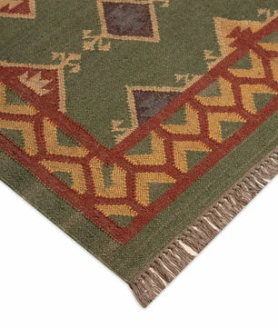 Handwoven Green Wool Jute Kilim Area Rug – Traditional Tribal Diamond Geometric Flatweave Dhurrie, Reversible Boho Southwestern Rug for Living Room & Bedroom