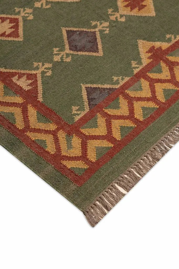 Handwoven Green Wool Jute Kilim Area Rug – Traditional Tribal Diamond Geometric Flatweave Dhurrie, Reversible Boho Southwestern Rug for Living Room & Bedroom