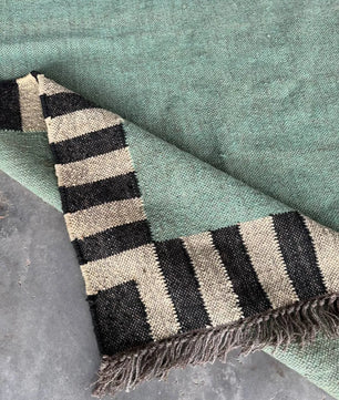 Handwoven Sage Green Cotton Jute Kilim Rug | Modern Minimalist Flatweave Area Rug with Striped Border for Living Room Bedroom
