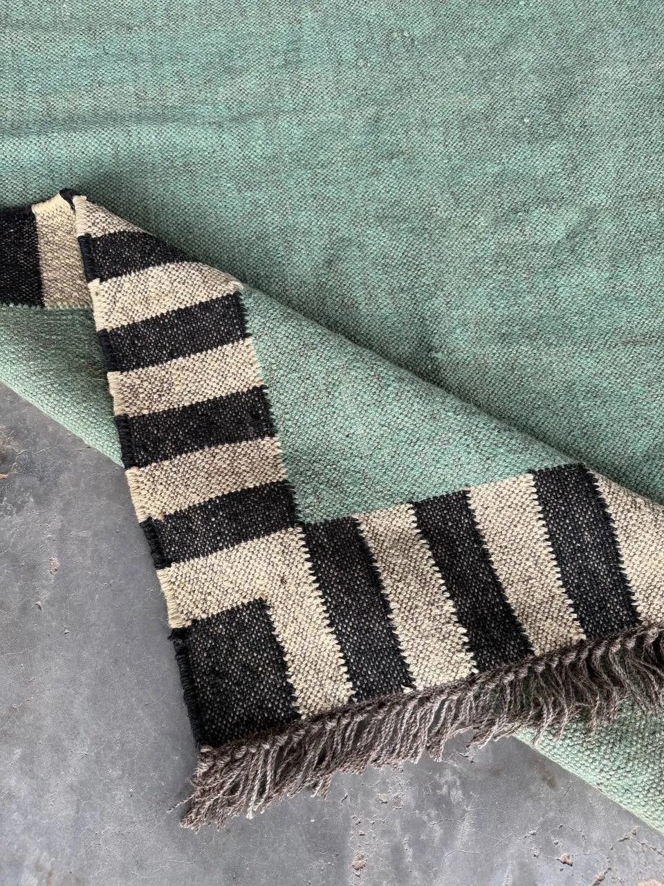 Handwoven Sage Green Cotton Jute Kilim Rug | Modern Minimalist Flatweave Area Rug with Striped Border for Living Room Bedroom
