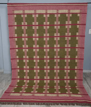 Handwoven Olive Green Wool Jute Kilim Rug | Modern Tribal Flatweave Area Rug with Geometric Grid Pattern for Living Room