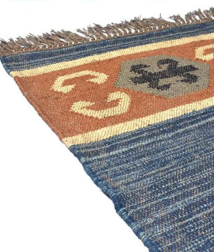 Handwoven Wool Jute Kilim Area Rug – Indigo Blue Southwestern Tribal Geometric Flatweave Rug with Fringe