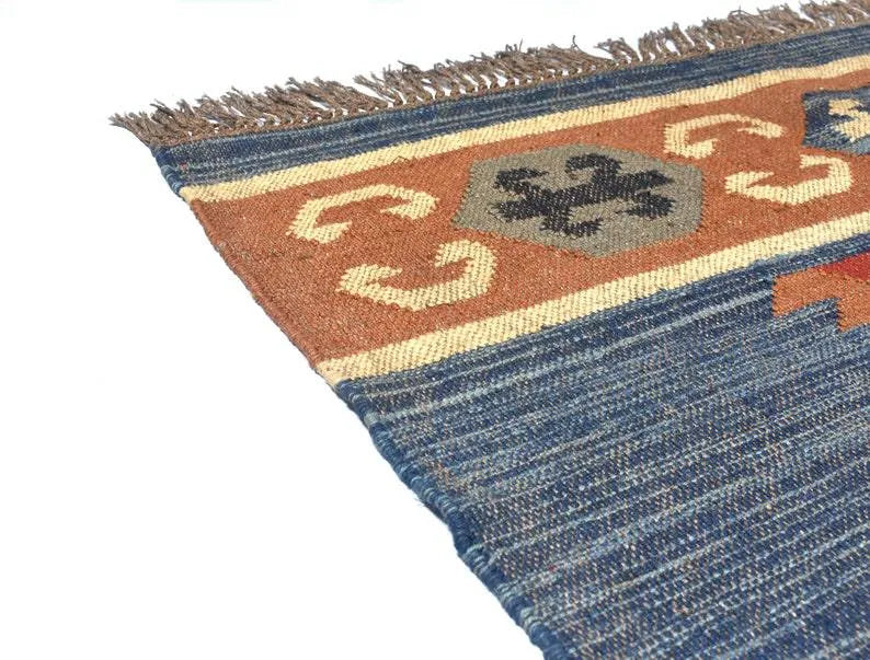 Handwoven Wool Jute Kilim Area Rug – Indigo Blue Southwestern Tribal Geometric Flatweave Rug with Fringe