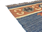 Handwoven Wool Jute Kilim Area Rug – Indigo Blue Southwestern Tribal Geometric Flatweave Rug with Fringe