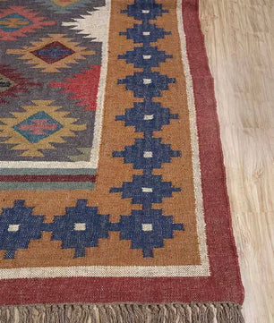 Handwoven Wool Jute Kilim Area Rug – Multicolor Southwestern Geometric Flatweave Rug with Fringe, Rustic Boho Living Room Rug