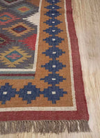 Handwoven Wool Jute Kilim Area Rug – Multicolor Southwestern Geometric Flatweave Rug with Fringe, Rustic Boho Living Room Rug