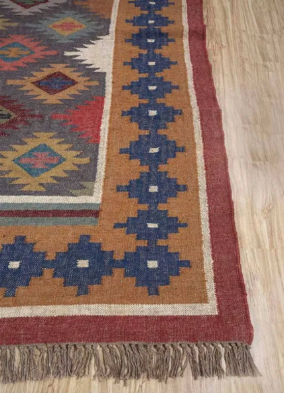 Handwoven Wool Jute Kilim Area Rug – Multicolor Southwestern Geometric Flatweave Rug with Fringe, Rustic Boho Living Room Rug