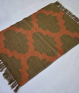 Handmade Wool Jute Area Rug – Olive Green & Rust Geometric Kilim Flatweave Rug with Fringe, Rustic Boho Home Decor