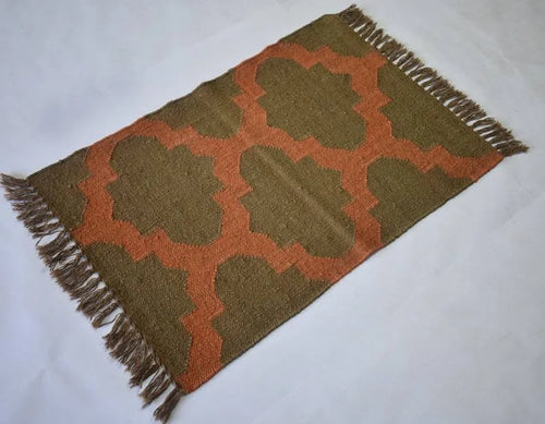 Handmade Wool Jute Area Rug – Olive Green & Rust Geometric Kilim Flatweave Rug with Fringe, Rustic Boho Home Decor