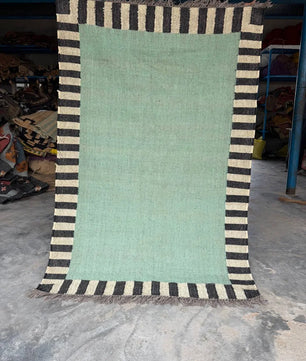 Handwoven Sage Green Cotton Jute Kilim Rug | Modern Minimalist Flatweave Area Rug with Striped Border for Living Room Bedroom