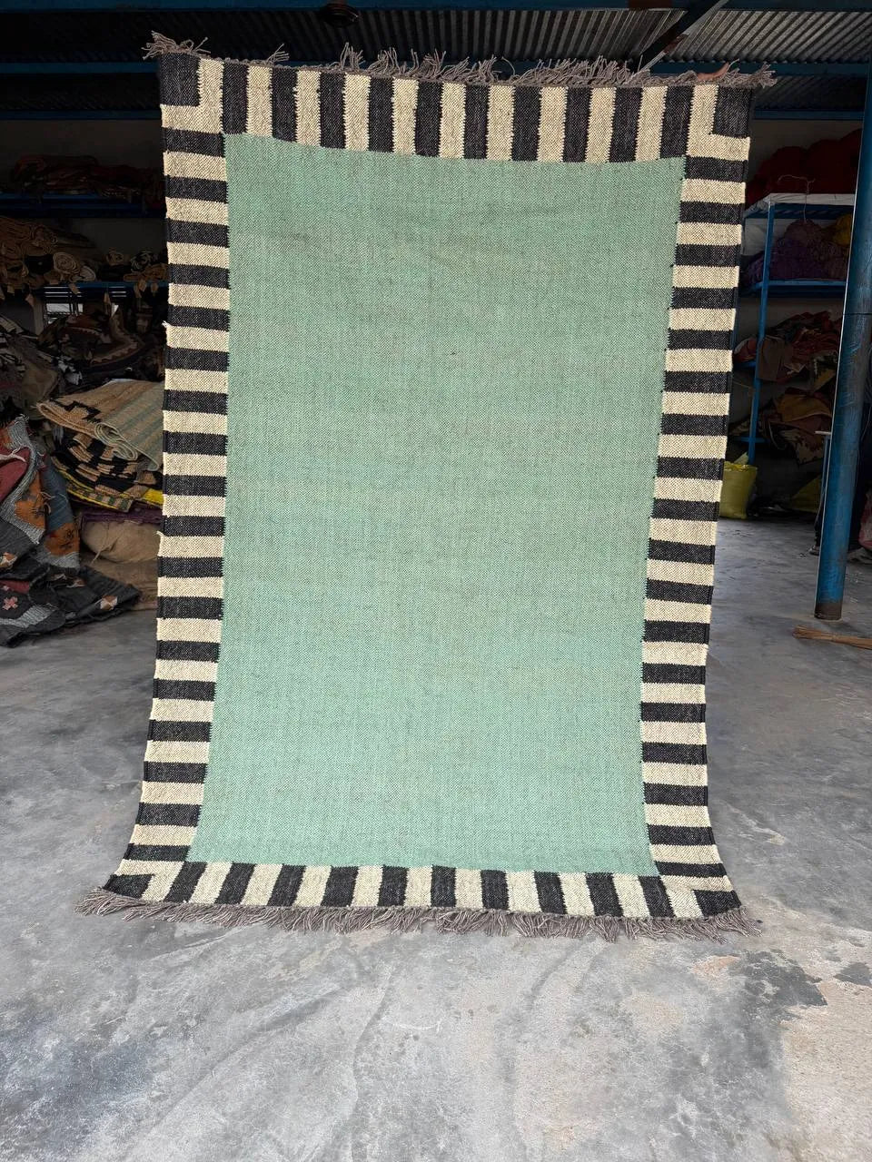Handwoven Sage Green Cotton Jute Kilim Rug | Modern Minimalist Flatweave Area Rug with Striped Border for Living Room Bedroom