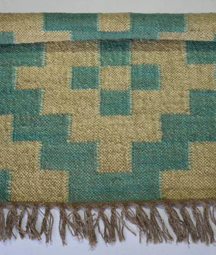 Southwestern Geometric Area Rug – Handwoven Teal Beige Wool Jute Flatweave Rug with Fringed Edges