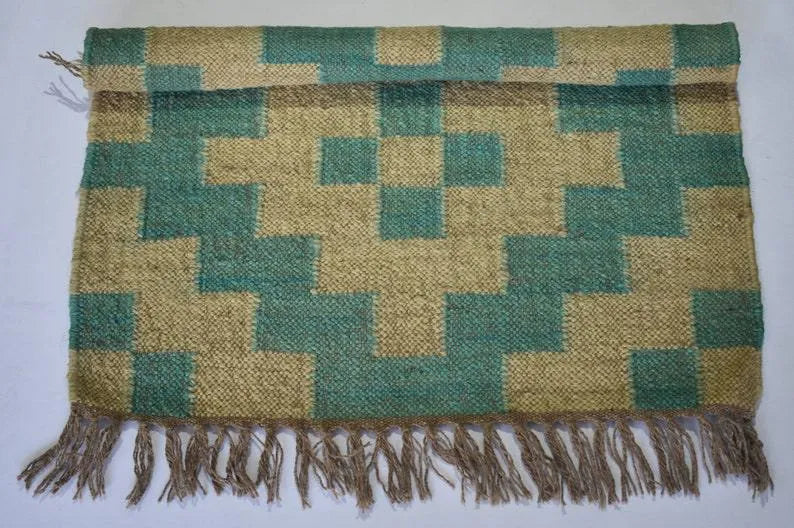 Southwestern Geometric Area Rug – Handwoven Teal Beige Wool Jute Flatweave Rug with Fringed Edges