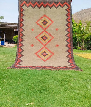 Southwestern Tribal Area Rug – Handmade Wool Jute Diamond Medallion Rug, Beige Rust Flatweave with Fringe