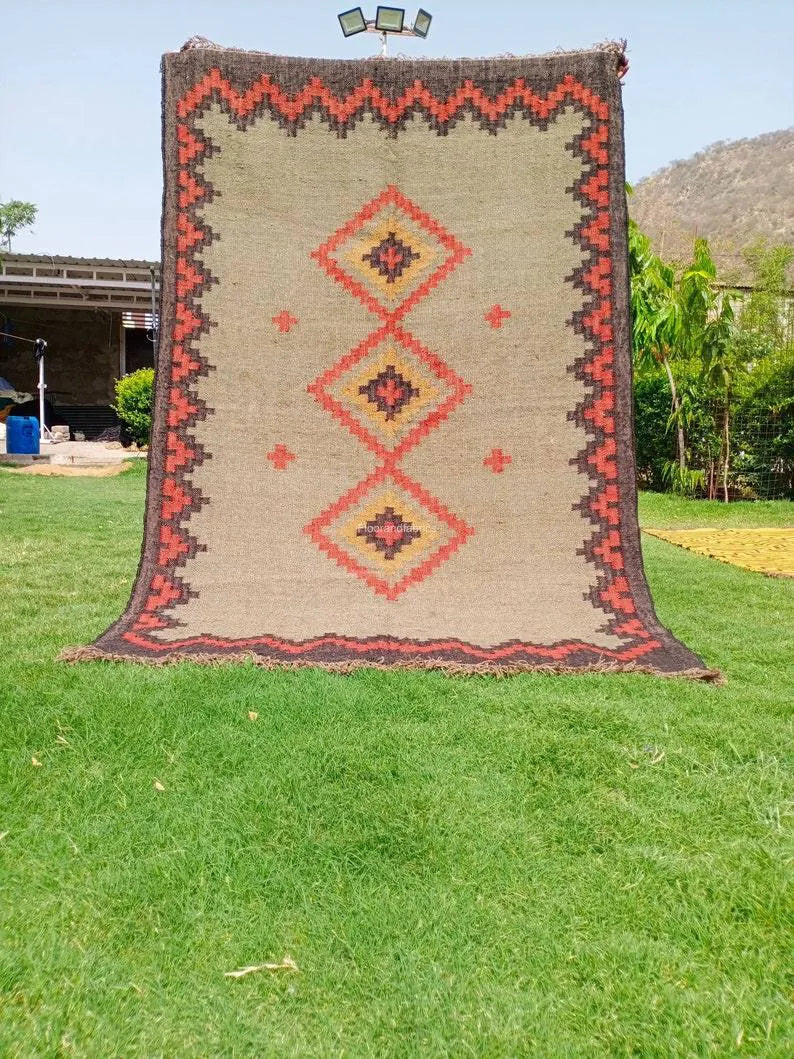 Southwestern Tribal Area Rug – Handmade Wool Jute Diamond Medallion Rug, Beige Rust Flatweave with Fringe
