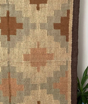 Tribal Diamond Wool Jute Area Rug – Handmade Southwestern Kilim Flatweave with Brown, Taupe & Terracotta Geometric Motifs