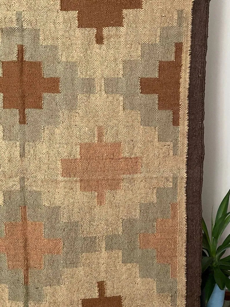 Tribal Diamond Wool Jute Area Rug – Handmade Southwestern Kilim Flatweave with Brown, Taupe & Terracotta Geometric Motifs