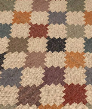 Handwoven Multicolor Wool Jute Kilim Area Rug – Tribal Geometric Flatweave Dhurrie Rug, Boho Southwestern Reversible Living Room Carpet