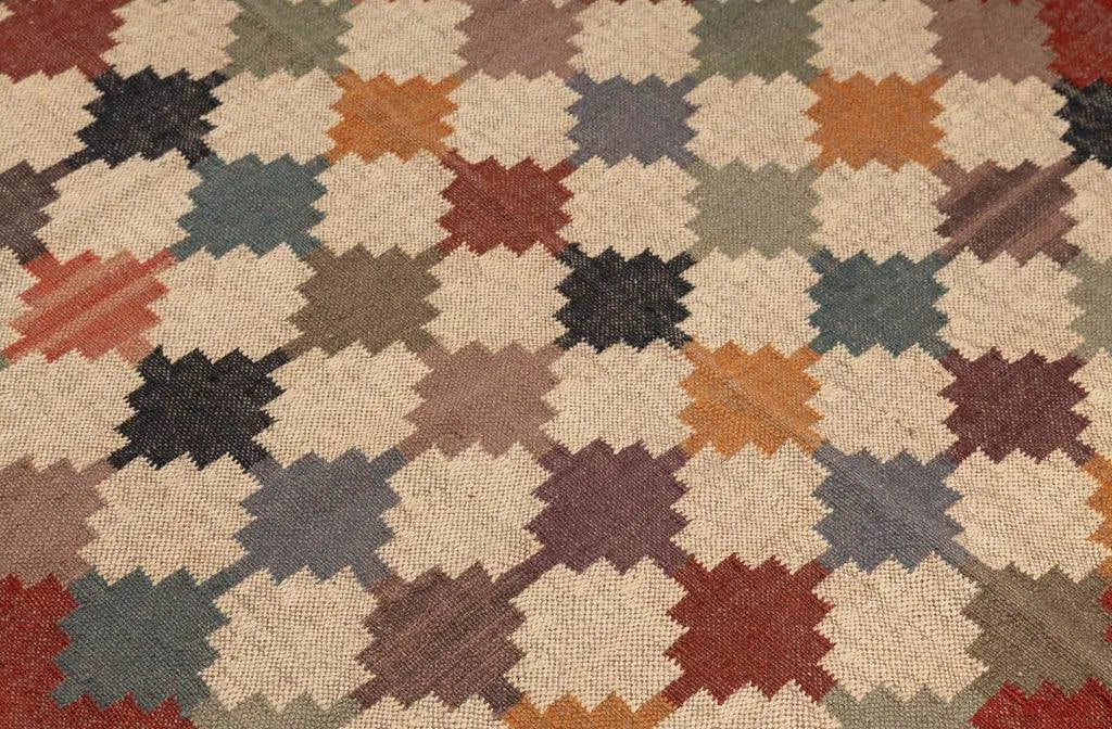 Handwoven Multicolor Wool Jute Kilim Area Rug – Tribal Geometric Flatweave Dhurrie Rug, Boho Southwestern Reversible Living Room Carpet
