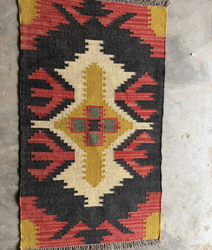 Handwoven Black Southwestern Wool Jute Kilim Rug, Navajo Tribal Flatweave Area Rug, Boho Rustic Handmade Dhurrie Carpet with Fringe