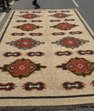 Handwoven Southwestern Kilim Rug | Handmade Wool Jute Tribal Area Rug, Rustic Flatweave Geometric Dhurrie for Living Room Bedroom