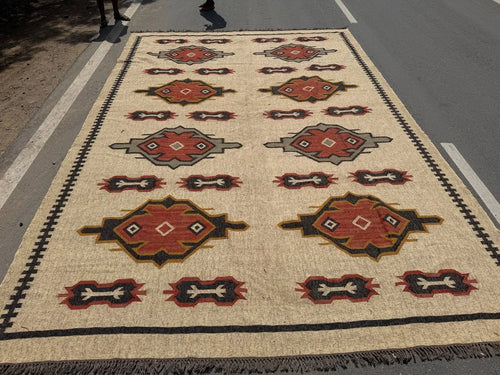 Handwoven Southwestern Kilim Rug | Handmade Wool Jute Tribal Area Rug, Rustic Flatweave Geometric Dhurrie for Living Room Bedroom