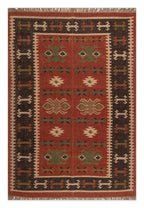 Handmade Southwestern Wool Jute Kilim Area Rug with Tassels | Rust Brown Tribal Flatweave Boho Rug for Living Room & Bedroom
