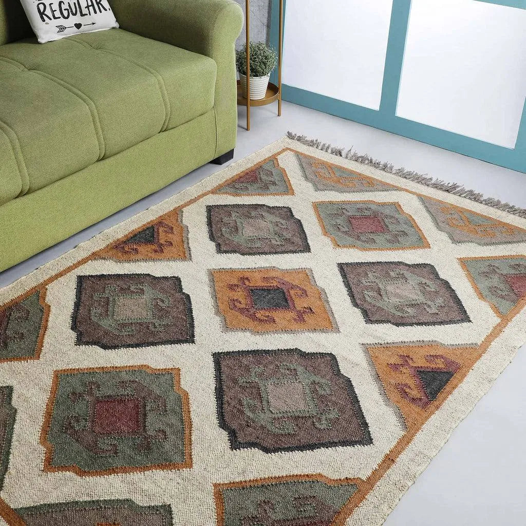 Handwoven Wool Jute Kilim Area Rug – Cream Geometric Southwestern Tribal Flatweave Rug with Fringe