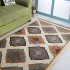 Handwoven Wool Jute Kilim Area Rug – Cream Geometric Southwestern Tribal Flatweave Rug with Fringe