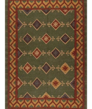 Handmade Southwestern Wool Jute Kilim Area Rug with Green Tribal Diamond Pattern | Flatweave Boho Farmhouse Rug for Living Room