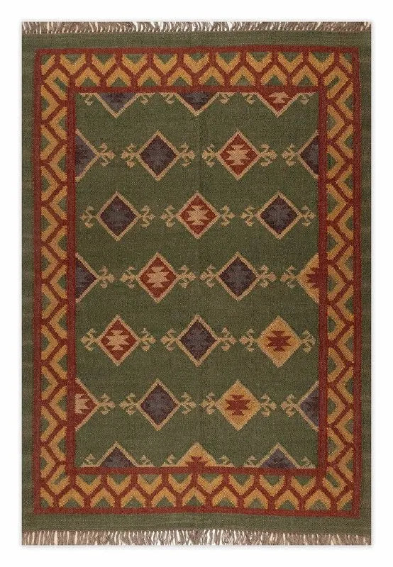Handmade Southwestern Wool Jute Kilim Area Rug with Green Tribal Diamond Pattern | Flatweave Boho Farmhouse Rug for Living Room