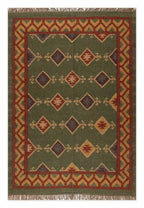 Handmade Southwestern Wool Jute Kilim Area Rug with Green Tribal Diamond Pattern | Flatweave Boho Farmhouse Rug for Living Room