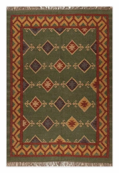 Handmade Southwestern Wool Jute Kilim Area Rug with Green Tribal Diamond Pattern | Flatweave Boho Farmhouse Rug for Living Room