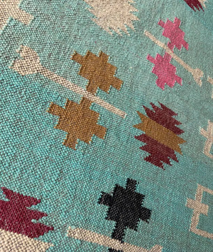 Handwoven Wool Jute Kilim Rug, Teal Tribal Area Rug, Handmade Flatweave Dhurrie Carpet, Boho Geometric Living Room Rug with Fringe