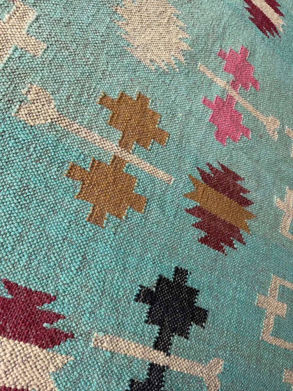 Handwoven Wool Jute Kilim Rug, Teal Tribal Area Rug, Handmade Flatweave Dhurrie Carpet, Boho Geometric Living Room Rug with Fringe