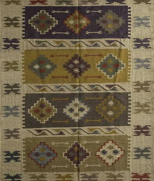 Handwoven Wool Jute Kilim Area Rug – Multicolor Southwestern Geometric Tribal Flatweave Rug with Fringe