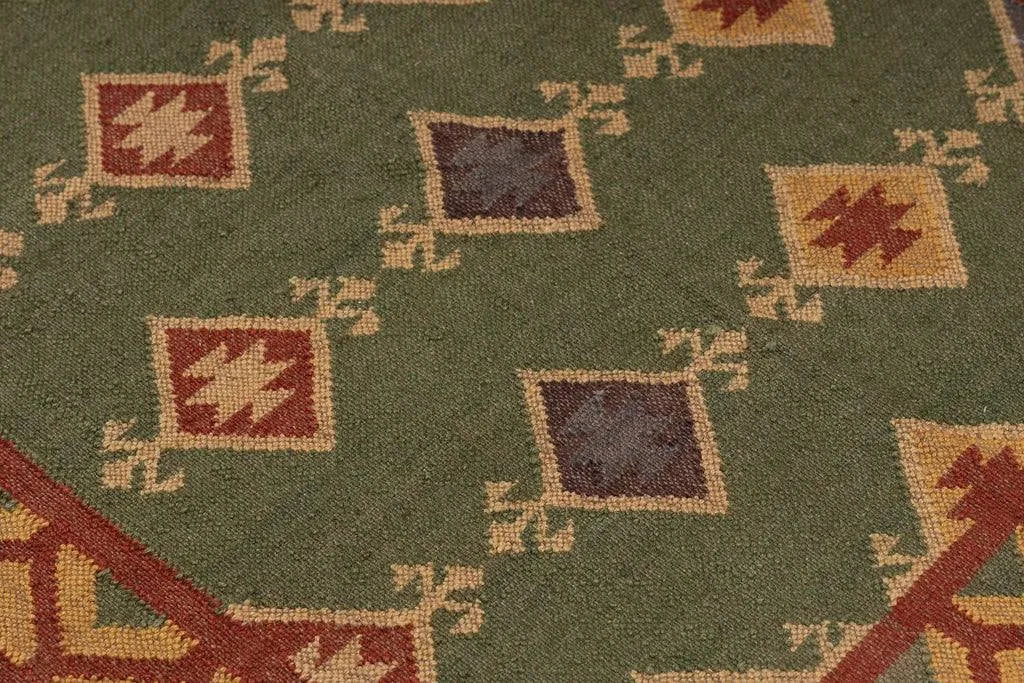 Handwoven Green Wool Jute Kilim Area Rug – Traditional Tribal Diamond Geometric Flatweave Dhurrie, Reversible Boho Southwestern Rug for Living Room & Bedroom