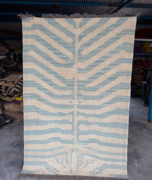 Handwoven Blue Tiger Wool Jute Kilim Rug | Abstract Tibetan Tiger Flatweave Area Rug for Modern, Scandinavian & Boho Homes